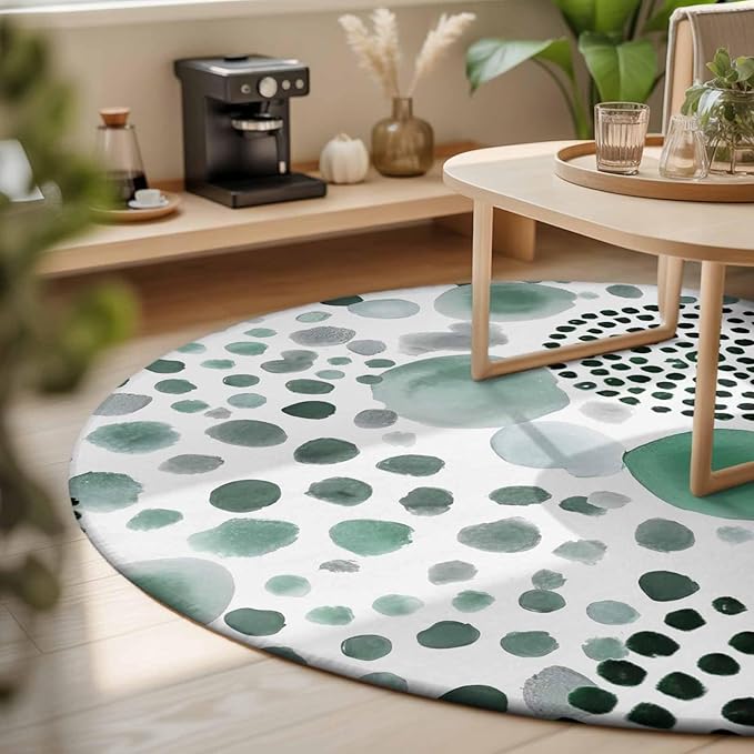 Washable Round Area Rug Abstract Teal Circles Circle Rugs Floor Carpet for Living Room Bedroom, Sage Green Geometric Round Soft Non Slip Round Rug 3ft