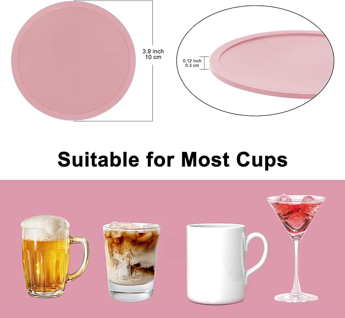 Silicone Coasters Set of 12 with Holder,Heat Resistant Cup Mat Tabletop Protection,Coasters Set for Outdoor & Indoor Drinks - Anti Stain & Heat Resistant,Washable, Heat Resistant, Non-Slip(Pink)
