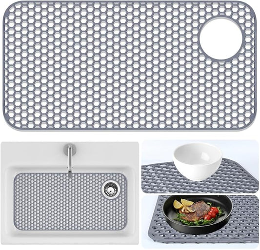 Sink Protector for Kitchen Sink Mat - 28.35"x14.37" Kitchen Sink Pad for Bottom of Sink Protec of Stainless Steel Sink Tableware Farmhouse Rubber Sink Mat Protector with Top Right Drain - Light Gray