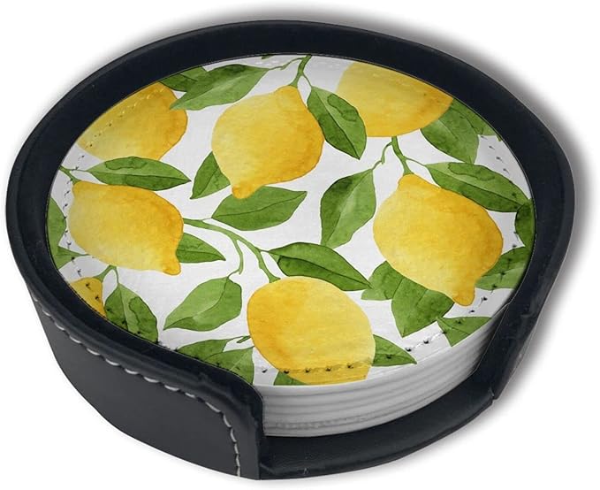 Lemon Leather Drinks Coasters with Holder Set of 6, Suitable for Kinds of Cups