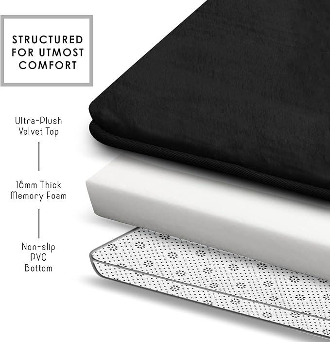 Clara Clark Bathroom Rugs, Velvet Memory Foam Bath Mat, Non-Slip, Machine Washable Bath Rugs - Dries Quickly, Ultra Soft Plush Bath Mats for Bathroom, 20 x 32, Black
