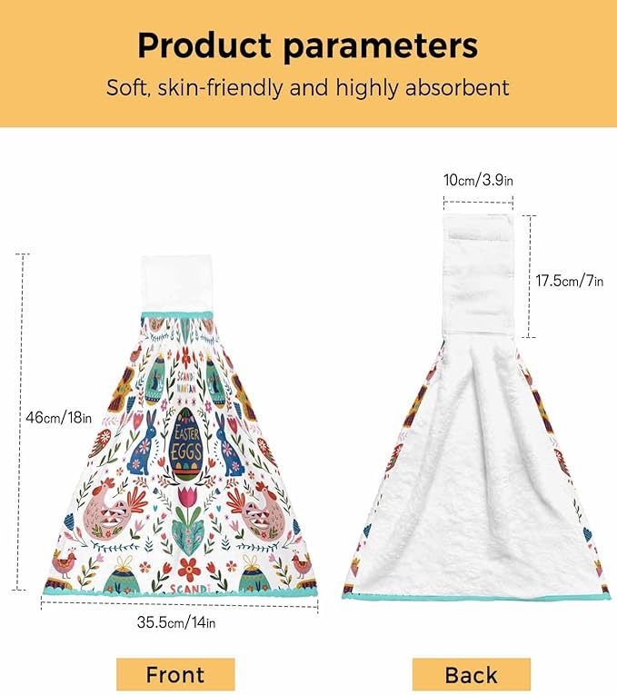 Alandar Home Kitchen Tie Towel Set of 1, Bohemian Ethnic Easter Eggs Blossom Flowers Bunny Absorbent Soft Hand Towels for Bathroom Hanging Towels, Tribe Boho Fast Drying Cleaning Cloth with Loop