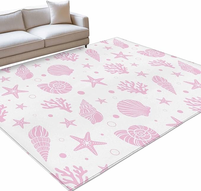 Area Rug 8x10ft, Pink Ocean Shell Conch Coral Starfish Washable Rugs for Living Room Bedroom, Summer Marine Theme Soft Non-Slip Area Rugs Rectangle Floor Carpet for Dining Room