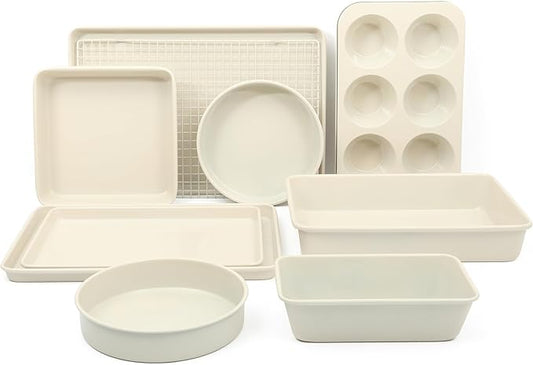 Martha Stewart Gallen 10 Piece Baking Pans Ceramic PFA Free Non Toxic Non Stick Bakeware Set - Linen White