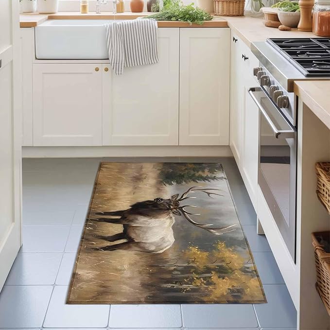 Area Rug 2x3ft, Brown Animals Elk Washable Rugs for Living Room Bedroom, Retro Forest Landscape Soft Non-Slip Area Rugs Rectangle Floor Carpet for Dining Room