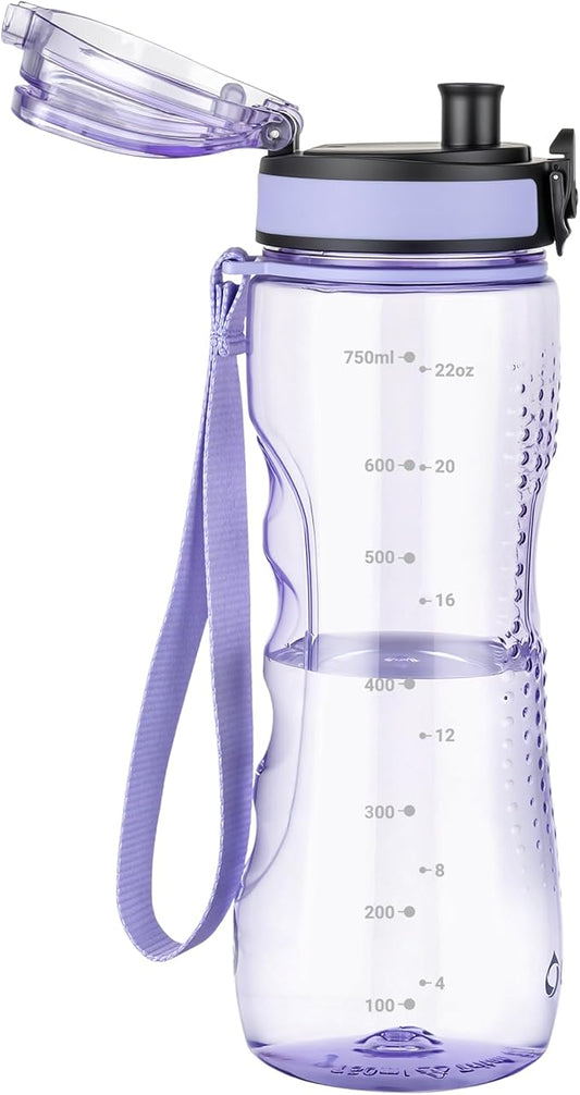 OLDLEY 25 oz Water Bottle, Motivational Water Bottle with Time Marker, Sports Water Bottle With Strap, Leakproof & BPA Free Large Water Bottles for School, Gym, Travel, Outdoor, Transparent Purple