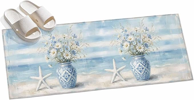 Runner Rug for Bedroom Hallway, Summer Beach Starfish Flower Kitchen Runner Rugs Area Rug 2x6ft, Marine Theme Daisy Vase Washable Soft Floor Carpet for Entryway Stair