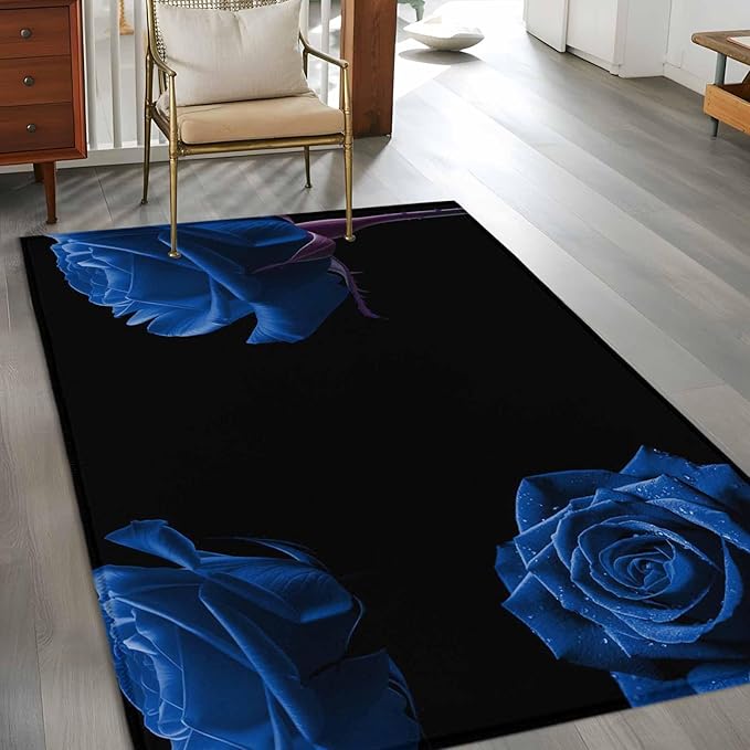 Area Rug 3x5ft, Abstract Garden Blue Rose Washable Rugs for Living Room Bedroom, Classic Country Floral Soft Non-Slip Area Rugs Rectangle Floor Carpet for Dining Room