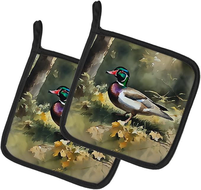 Caroline's Treasures Wood Duck Pair of Pot Holders Kitchen Heat Resistant Pot Holders Sets Oven Hot Pads for Cooking Baking BBQ, 7 1/2 x 7 1/2