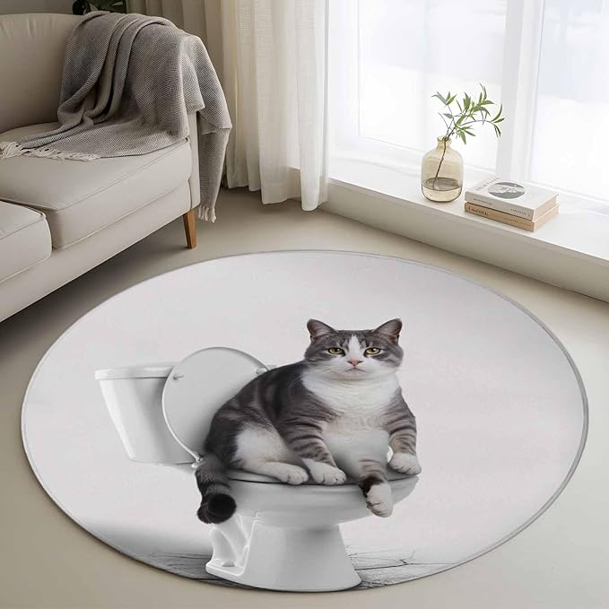 Washable Round Area Rug Cute Funny Cat on The Toilet Circle Rugs Floor Carpet for Living Room Bedroom, Animal Grey Art Soft Non Slip Round Rug 4ft