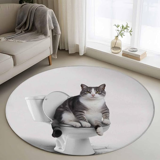 Washable Round Area Rug Cute Funny Cat on The Toilet Circle Rugs Floor Carpet for Living Room Bedroom, Animal Grey Art Soft Non Slip Round Rug 3ft