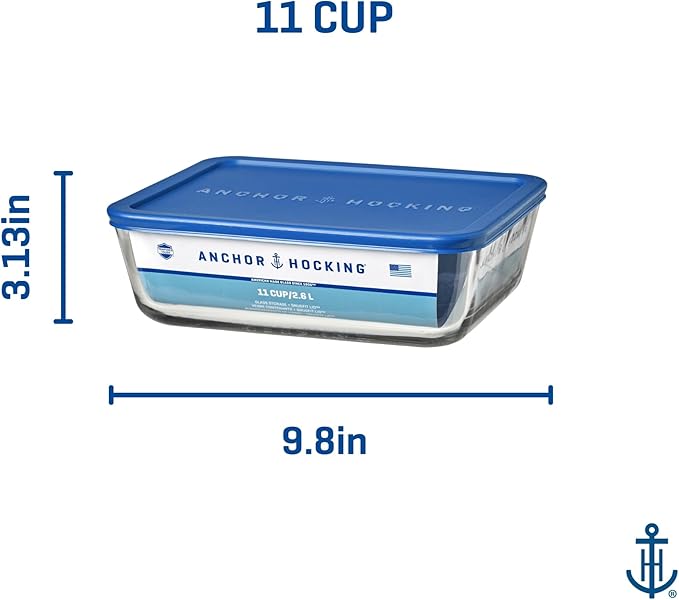 Anchor Hocking 11-Cup Glass Storage Containers with Lids, Set of 2 Glass Food Storage Containers with Blueberry SnugFit Lids