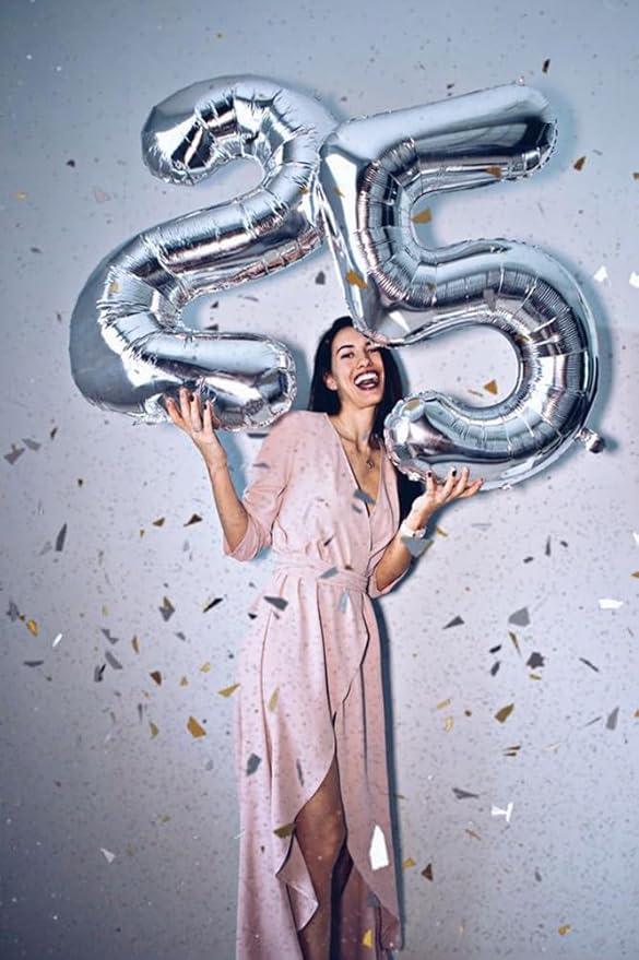 Number 25 Balloons, Silver 52 Balloon Numbers 40 Inch for Women Men, Birthday Decorations for 25th Photo Prop, Big Events, School Class Party
