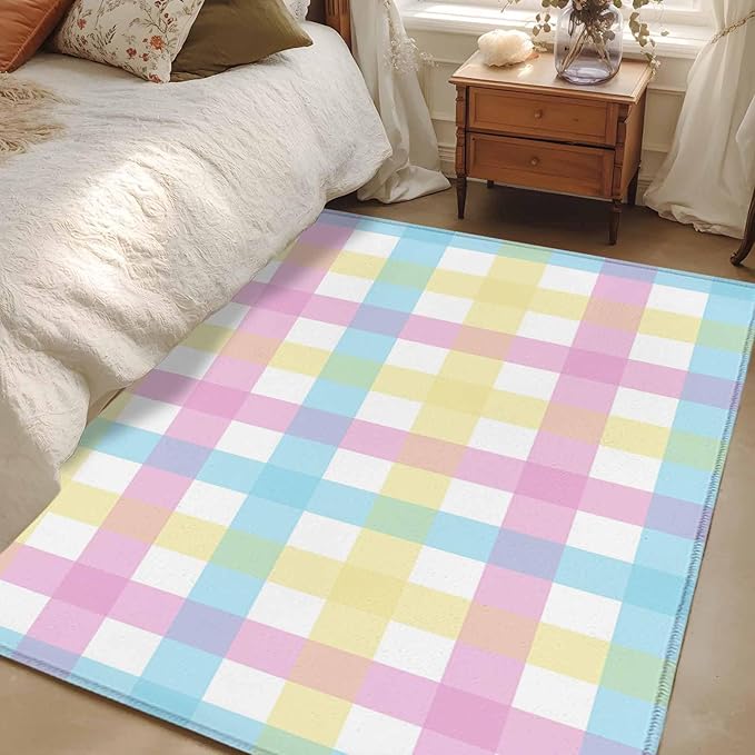 Area Rug 4x6ft, Spring Easter Colorful Lattice Washable Rugs for Living Room Bedroom, Minimalist Buffalo Checker Soft Non-Slip Area Rugs Rectangle Floor Carpet for Dining Room