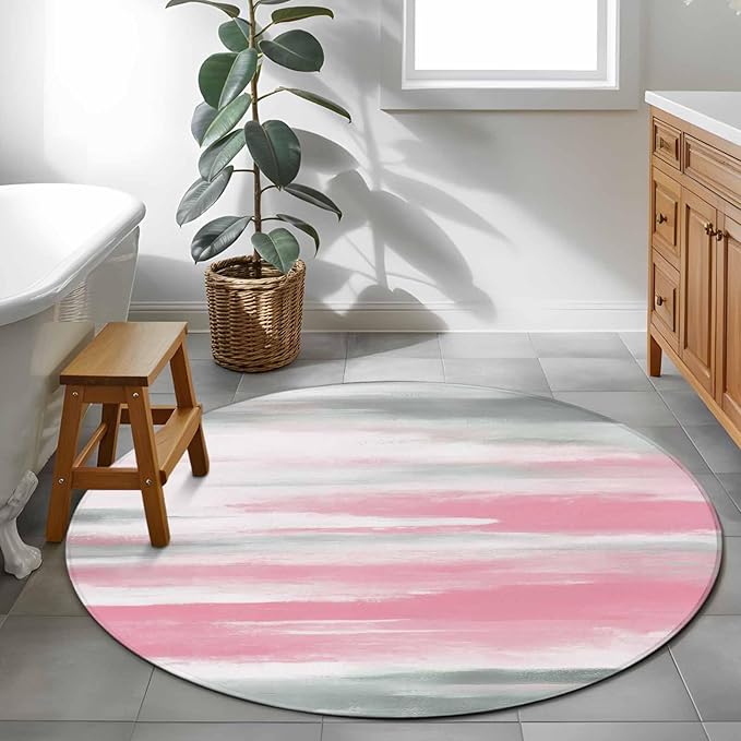 Washable Round Area Rug Pink Grey Mottled Texture Seamless Circle Rugs Floor Carpet for Living Room Bedroom, Gradient Abstract Art Soft Non Slip Round Rug 4ft
