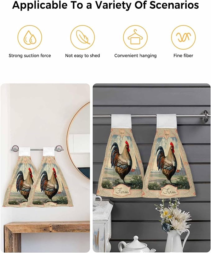 Alandar Home Kitchen Tie Towel Set of 1, Farmhouse Rustic Animal Rooster Absorbent Soft Hand Towels for Bathroom Hanging Towels, Vintage Flower Texture Fast Drying Cleaning Cloth with Loop