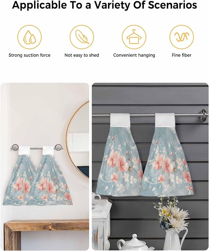 Alandar Home Kitchen Tie Towel Set of 2, Pink Flower Leaves on Blue Linen Absorbent Soft Hand Towels for Bathroom Hanging Towels, Retro Summer Botanical Fast Drying Cleaning Cloth with Loop