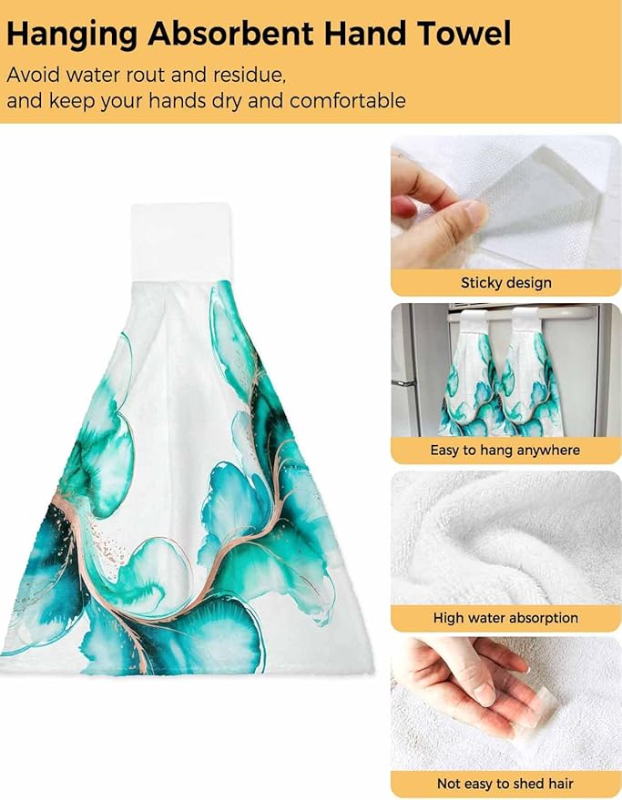 Alandar Home Kitchen Tie Towel Set of 2, Fantasy Ink Abstract Art Absorbent Soft Hand Towels for Bathroom Hanging Towels, Gradient Watercolor Green Fast Drying Cleaning Cloth with Loop
