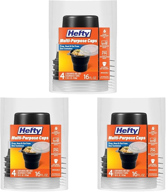 Hefty Multi-Purpose Cups, Reusable Containers with Lids, 16 Ounce Capacity, 4 Count (Pack of 3)