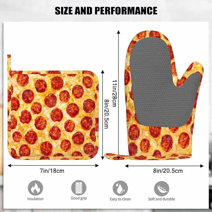 Mxocom Pepperoni Pizza Heat-Resistant Oven Mitts and Pot Holder a Seamless Food Texture Kitchen Non-Slip Cooking Microwave Gloves for Cooking Baking Grilling