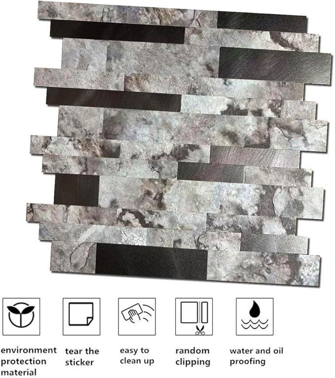 10-Sheet Peel and Stick Backsplash Tile, PVC Mixed Meta,l Stick on Kitchen, Bathroom Vanities, Fireplace Décor, Laundry Table(11.2" X 12.7") (10, Darken Coffee+Frosted Grey)