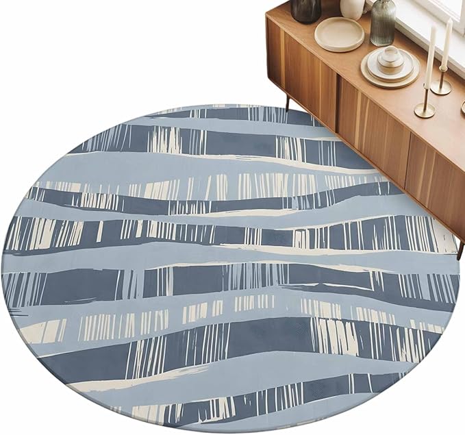 Washable Round Area Rug Navy Blue Ocean Waves Coastal Horizon Circle Rugs Floor Carpet for Living Room Bedroom, Abstract Art Soft Non Slip Round Rug 5ft