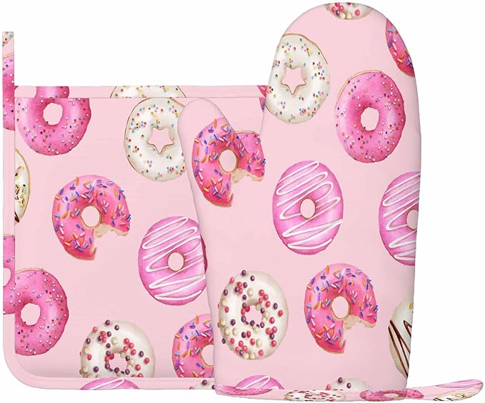 Mxocom Watercolor Donuts Silicone Oven Mitts and Pot Holders Sets Pink Donuts Background BBQ Gloves for Kitchen,Cooking,Baking,Grilling