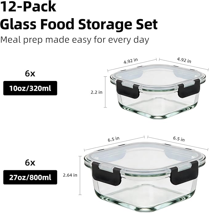 Konokyo Square Glass Food Storage Containers with Lids, 24 Pack Airtight Leakproof Meal Prep Containers, BPA-Free, Microwave Oven Freezer & Dishwasher Safe, Assorted Sizes