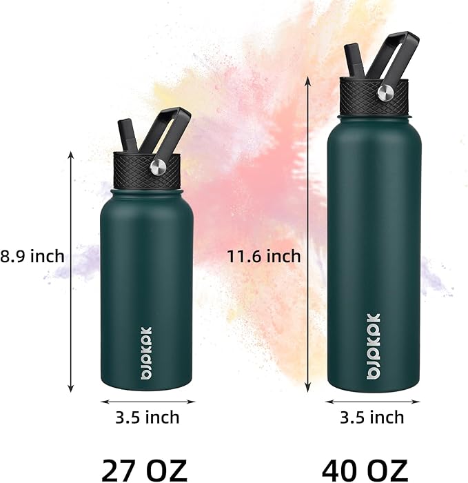 BJPKPK Insulated Water Bottles with Straw Lid, 40oz Stainless Steel Water Bottles with 3 Lids, BPA Free Leakproof Thermo, Tumblers, Cups for Sports, Gym- Army Green