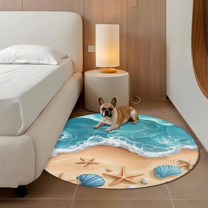 Washable Round Area Rug Summer Beach Shell Starfish Circle Rugs Floor Carpet for Living Room Bedroom, Marine Life Cartoon Style Soft Non Slip Round Rug 4ft