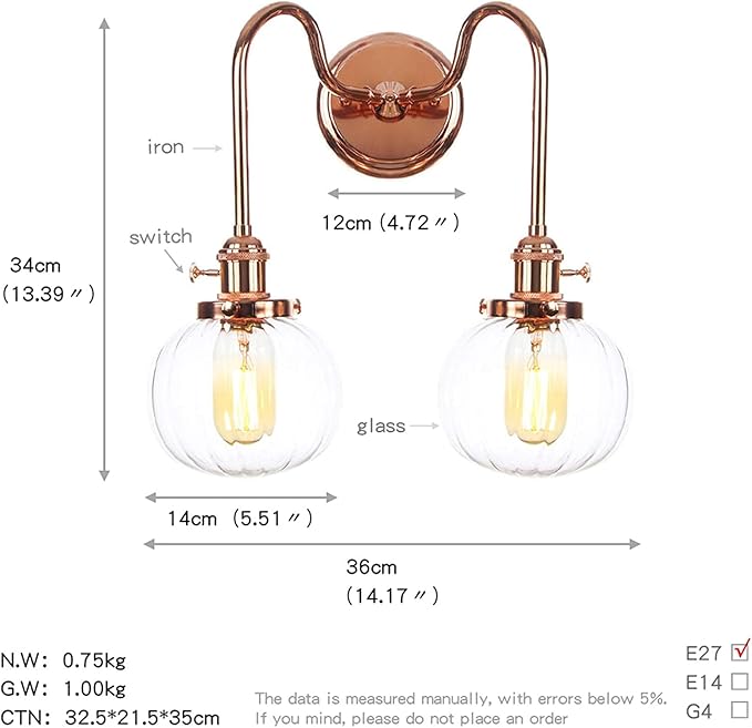 Wall Lamps with Switch, 2-Lights Rose Gold Bathroom Vanity Lights Wall Mounted Lighting Clear Glass Lampshade Wall Sconces(Color:E)