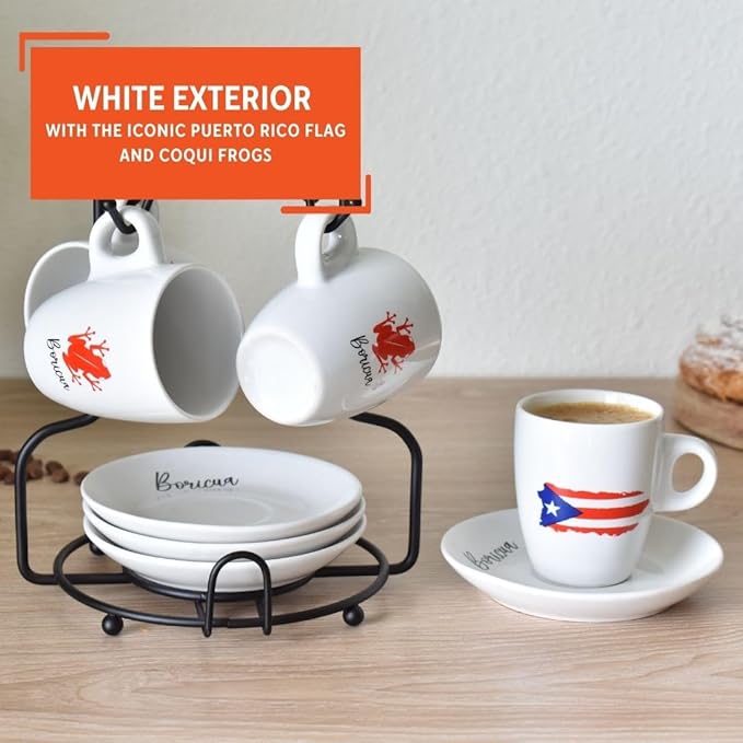 IMUSA 8pc 3oz Boricua Espresso Cups & Saucers Set w/Rack