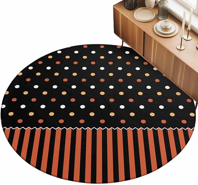 Washable Round Area Rug Halloween Polka Dots Orange Stripes Circle Rugs Floor Carpet for Living Room Bedroom, Seamless Dot on Black Soft Non Slip Round Rug 5ft
