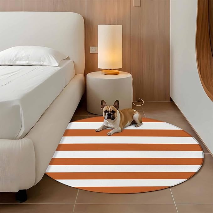 Washable Round Area Rug Farmhouse Classic Stripes Circle Rugs Floor Carpet for Living Room Bedroom, Orange White Soft Non Slip Round Rug 3ft
