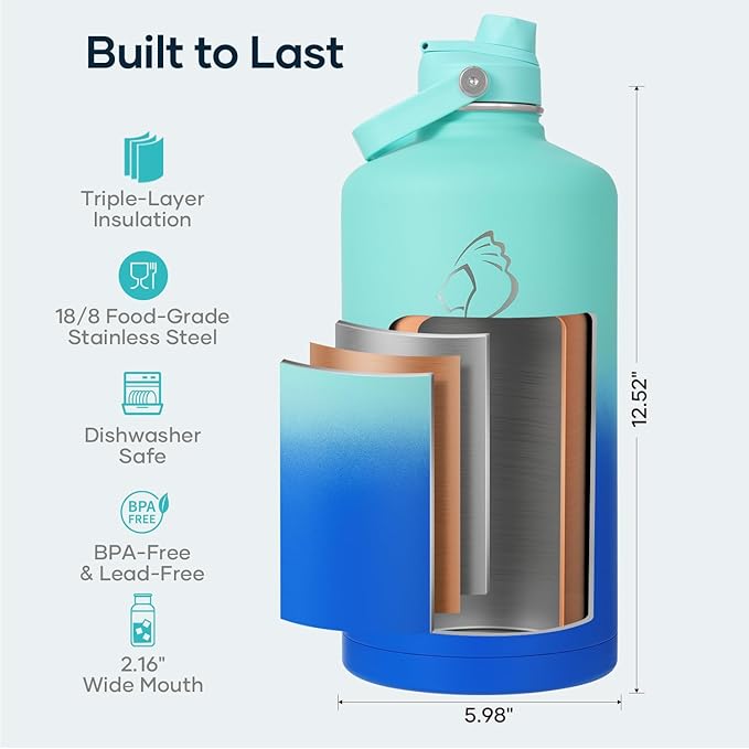 BUZIO 1 Gallon Water Jug with Straw Lid, 128oz Water Bottle Stainless Steel Triple Wall Hydro Jug 18/8 Food Grade Thermo Mug Keep Cold 48H & Hot 24H, Caribbean Blue