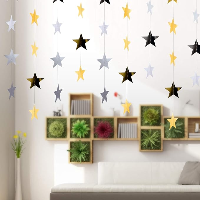 Patelai 78 Feet Glitter Star Garland Banner 2026 Party Decoration Double Side Star Hanging String Streamer Paper Twinkle for Graduation Wedding Birthday (Gold and Silver)