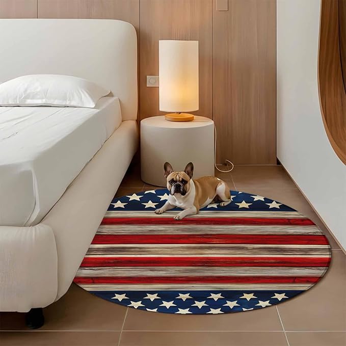 Washable Round Area Rug Vintage Stripes and Stars Circle Rugs Floor Carpet for Living Room Bedroom, Patriotic 250th Anniversary Soft Non Slip Round Rug 3ft