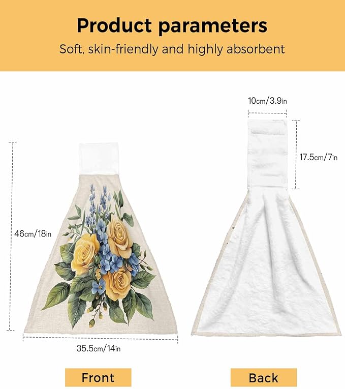 Alandar Home Kitchen Tie Towel Set of 1, Watercolor Blue Yellow Roses Absorbent Soft Hand Towels for Bathroom Hanging Towels, Vintage Country Floral Fast Drying Cleaning Cloth with Loop