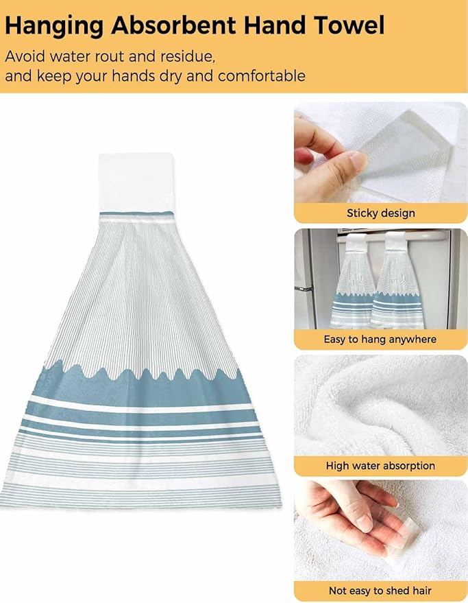 Alandar Home Kitchen Tie Towel Set of 1, Watercolor Blue Waves Stripe Absorbent Soft Hand Towels for Bathroom Hanging Towels, Modern Abstract Lines Fast Drying Cleaning Cloth with Loop
