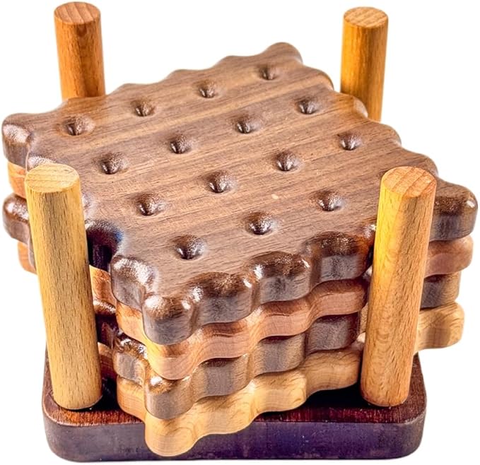 Kawaii Coasters, Walnut & Beech Wood Cookie Shaped Pads, 4PCS Set, Cute Biscuit Design, Ideal Coffee Table Insulation, Unique Gift for Coffee Lovers, Home Decor Essentials