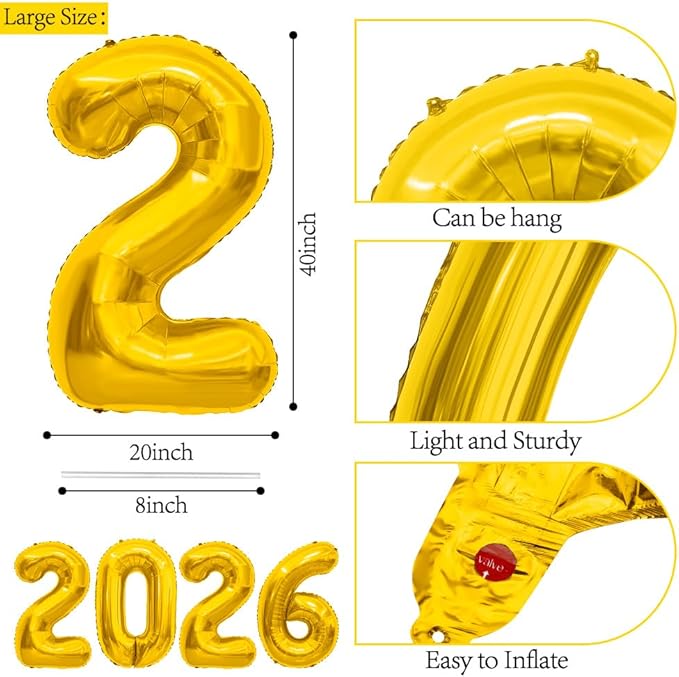 2026 Balloons, 40 Inch 2026 Number Balloons Gold 2026 Balloon Large Foil Graduation Balloon Numbers 2026 Mylar Baloons for Birthday Anniversary Party Supplies Graduation Class of 2026 Decorations