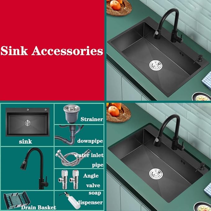 Single Bowl Black Stainless Steel Sink Multi-Size Single Bowl Sink Home Restaurant Washbasin Kitchen Dishwashing Sink Countertop Built-in Sink (Black 72X45cm)