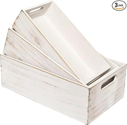 Set of 3 White Wooden Boxes for Storage Small Crates for Display and Organizing, Farmhouse Style Storage Boxes for Crafts, Decor, Home Pantry and Living Room