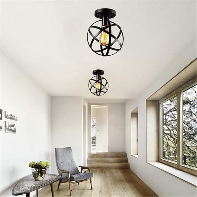 Industrial Metal Spherical Pendant Light, Hanging Cage Globe Ceiling Light Fixture, Semi-Flush Mount Pendant for Kitchen Dining Room Entryway Hallway