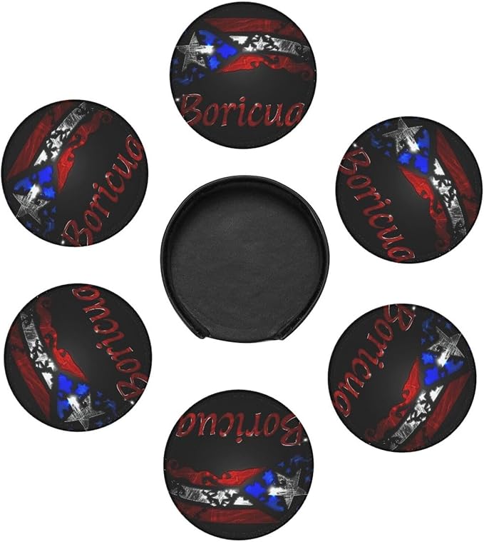 Puerto Rico Leather Drinks Coasters with Holder, Set of 6, Suitable for Various Cups