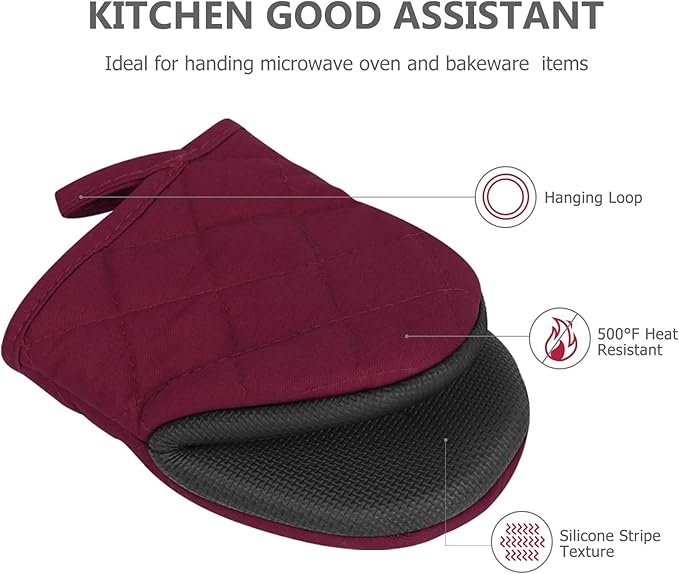 Short Oven Mitts, Heat Resistant 500°F, Silicone Grip Kitchen Gloves, Non-Slip for Baking, Grilling, BBQ, Machine Washable with Hanging Loop, 2-Pack Set, Dark Red