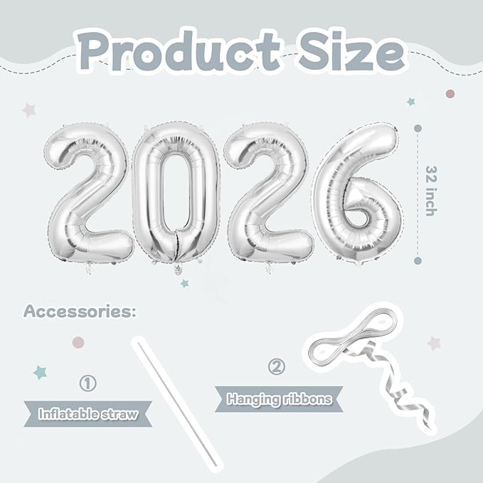 Silver 2026 Balloons, Large 32 Inch Foil 2026 Number Balloons, Grad Balloons for Class of 2026 Graduation Party, Silver Matellic Foil New Year Birthday Home Office Party Supplies