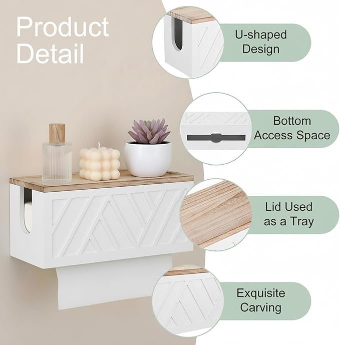 Paper Towel Dispenser Wall Mount Paper Towel Holder with Lid Solid Wood Commercial C-Fold, Z-Fold Hand Papers Towels Holder Dispenser Hand Towels Holders for Bathroom Kitchen Office Decor (White)