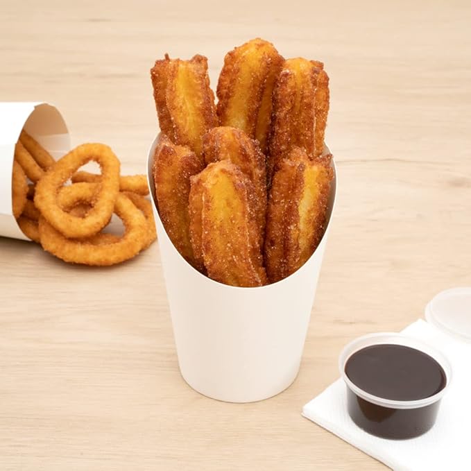 Restaurantware Bio Tek 12 Ounce French Fry Containers 100 Disposable Charcuterie Cups - Incline Design Round White Paper French Fry Cups Stackable For Waffles Chips or Popcorn