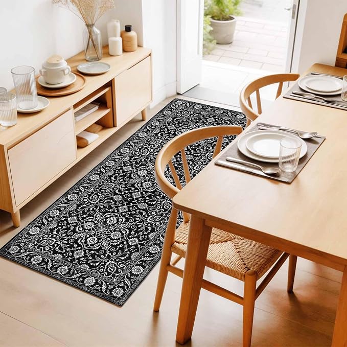 Runner Rug for Bedroom Hallway, Paisley Vintage Black Floral Kitchen Runner Rugs Area Rug 2x6ft, Classic Flower Texture Washable Soft Floor Carpet for Entryway Stair